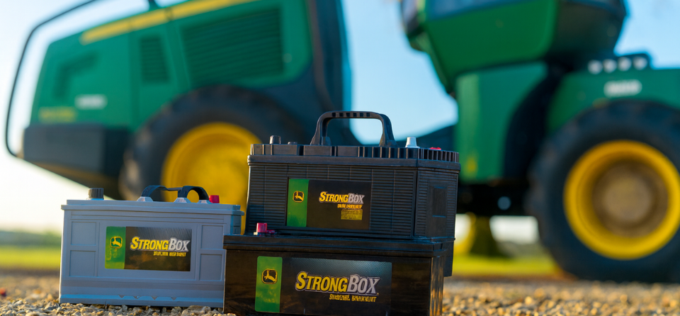 3 modèles de batteries en premier plan et une abatteuse en second plan